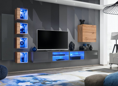 Living room wall unit grey modern furniture TV stand wall cabinet shelves